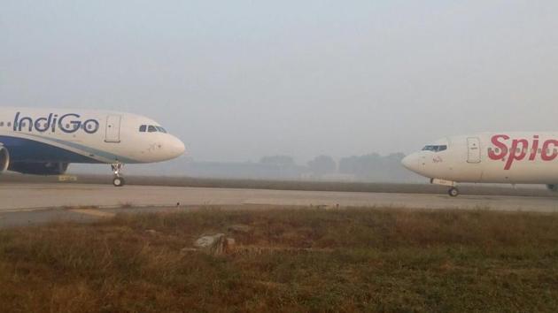 The two planes came face to face at the Delhi airport taxiway on foggy Tuesday morning. (HT Photo on Twitter / @FaiHaider) The two planes came face to face at the Delhi airport taxiway on foggy Tuesday morning. (HT Photo on Twitter / @FaiHaider)