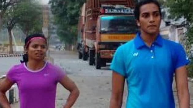 Dutee Chand, India’s leading sprinter, has found a training partner in badminton star PV Sindhu in Hyderabad(HT Photo)