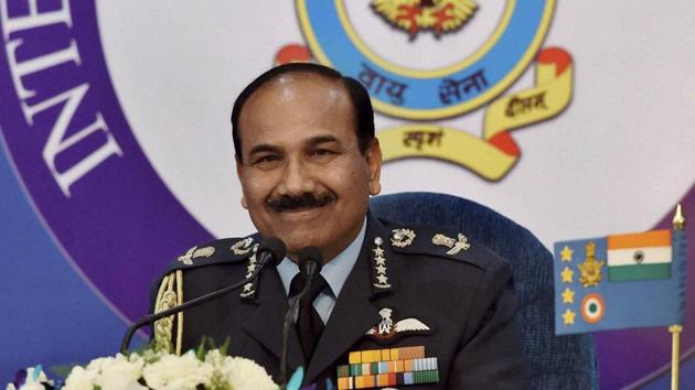 Air chief marshal Arup Raha addresses a press conference at Akash Officer's mess in New Delhi on Wednesday.(PTI photo) Air chief marshal Arup Raha addresses a press conference at Akash Officer's mess in New Delhi on Wednesday.(PTI photo)
