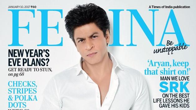 Looking handsome in a crisp white shirt and black trousers, Shah Rukh Khan also sports a clean-shaven look after a long time.(Twitter/Femina)