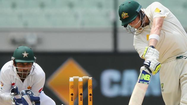 Steven Smith notched up his 17th century and second against Pakistan as Australia took the lead but they were frustrated by rain.(Getty Images)