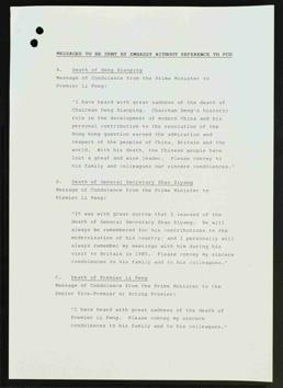 Three draft messages of condolence for the major Chinese leaders Deng Xiaoping, Zhao Ziyang and Li Peng sent to Margaret Thatcher.(UK National Archives) Three draft messages of condolence for the major Chinese leaders Deng Xiaoping, Zhao Ziyang and Li Peng sent to Margaret Thatcher.(UK National Archives)