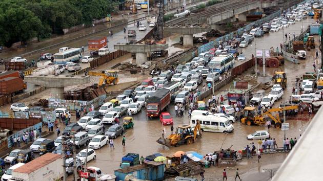 A flooded Hero Honda Chowk after a downpour on July 28 led to jams on the Delhi-Gurgaon Expressway and arterial roads of the city. (HT File) A flooded Hero Honda Chowk after a downpour on July 28 led to jams on the Delhi-Gurgaon Expressway and arterial roads of the city. (HT File)
