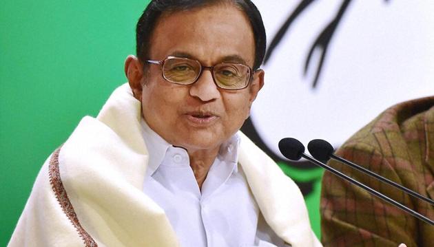 Congress leader and former finance minister P Chidambaram with party spokesperson Randeep Surjewala at a press conference at the party headquarters in New Delhi on Friday.(PTI)