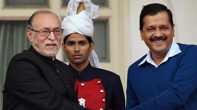 Delhi Chief Minister Arvind Kejriwal greets Anil Baijal after he was sworn in as the New Lieutenant Governor at Raj Niwas in New Delhi on Saturday.(PTI) Delhi Chief Minister Arvind Kejriwal greets Anil Baijal after he was sworn in as the New Lieutenant Governor at Raj Niwas in New Delhi on Saturday.(PTI)