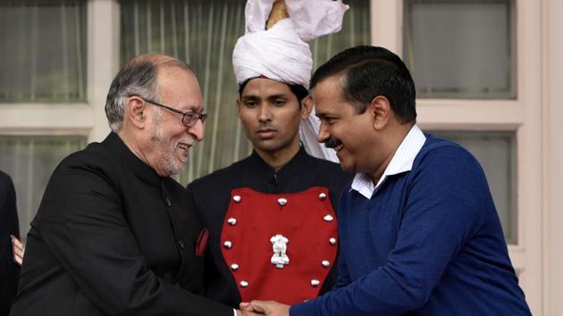 New Delhi L-G Anil Baijal and Delhi CM Arvind Kejriwal in New Delhi on Saturday.(Sushil Kumar/Hindustan Times) New Delhi L-G Anil Baijal and Delhi CM Arvind Kejriwal in New Delhi on Saturday.(Sushil Kumar/Hindustan Times)
