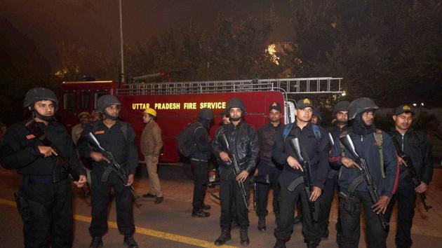 Security arrangements were stepped up outside the SP headquarters in the state capital, the CM’s residence and the house of party chief Mulayam. (PTI) 