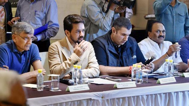 BCCI president Anurag Thakur along with other members during the meeting to discuss their latest stance on the Supreme Court-appointed Lodha panel's report. Court verdict on Monday.