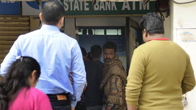 There is a line of four-five people at most ATMs, residents said. (Sunil Ghosh/HT) There is a line of four-five people at most ATMs, residents said. (Sunil Ghosh/HT)