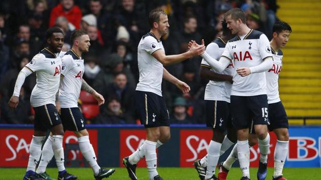Tottenham Hotspur FC's Harry Kane celebrates scoring their second goal against Watford Football Club. (REUTERS) Tottenham Hotspur FC's Harry Kane celebrates scoring their second goal against Watford Football Club. (REUTERS)