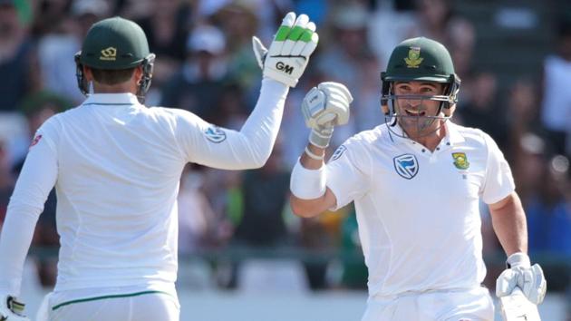 South African batsman Dean Elgar (R) celebrates after scoring a century during the second Test between South Africa and Sri Lanka. (AFP) South African batsman Dean Elgar (R) celebrates after scoring a century during the second Test between South Africa and Sri Lanka. (AFP)