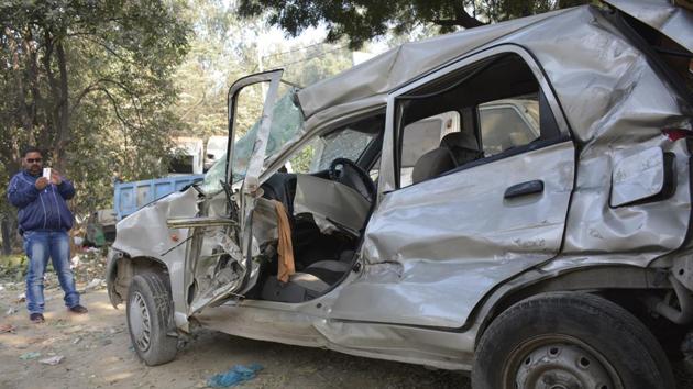A senior citizen couple died after their car was hit by a speeding bus near Raj Nagar District Centre (RDC) crossing on Hapur Road in Ghaziabad on Monday morning. (Sakib Ali/HT) A senior citizen couple died after their car was hit by a speeding bus near Raj Nagar District Centre (RDC) crossing on Hapur Road in Ghaziabad on Monday morning. (Sakib Ali/HT)