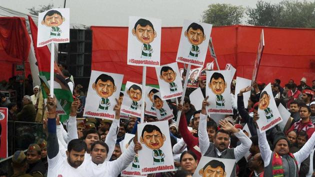 Samajwadi Party workers celebrate after UP chief minister Akhilesh Yadav elected party's national president unanimously during Samajwadi party national convention in Lucknow on Sunday. (PTI) Samajwadi Party workers celebrate after UP chief minister Akhilesh Yadav elected party's national president unanimously during Samajwadi party national convention in Lucknow on Sunday. (PTI)