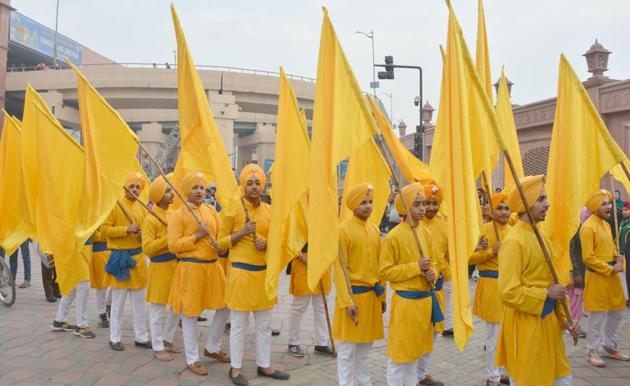 During the 350th birth anniversary celebrations of Guru Gobind Singh, in Amritsar on Tuesday. (Sameer Sehgal/HT)
