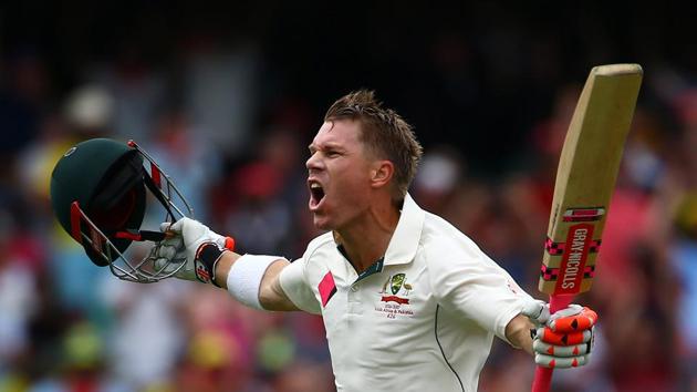 David Warner blasted a century off 78 balls and became the first batsman to score a century before lunch on the first day in Australia.(REUTERS)