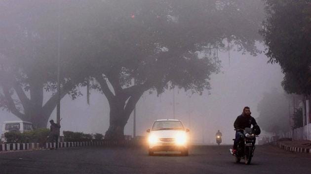 Bhopal: Vehicles move amidst a thick blanket of fog in Bhopal. (PTI)