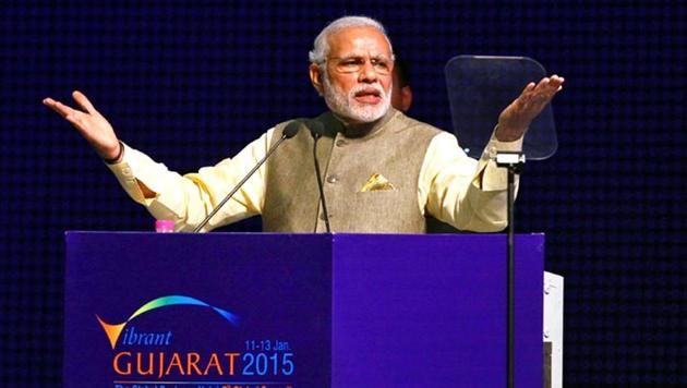 File photo of Prime Minister Narendra Modi speaking at the Vibrant Gujarat Summit 2015 in Gandhinagar in Gujarat.(Reuters Photo)