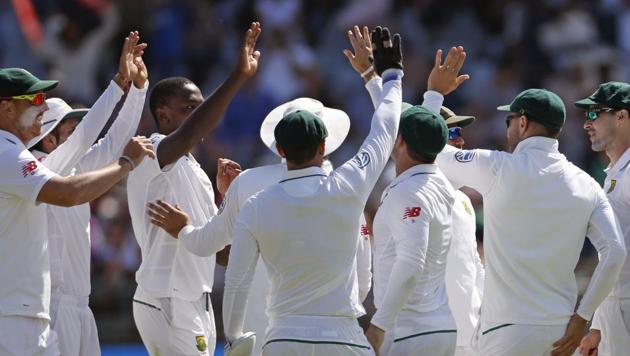 South Africa's team celebrate after taking the wicket of Sri Lanka Angelo Mathews, during the 2nd Test cricket match between South Africa and Sri Lanka, in Cape Town.(AP) South Africa's team celebrate after taking the wicket of Sri Lanka Angelo Mathews, during the 2nd Test cricket match between South Africa and Sri Lanka, in Cape Town.(AP)
