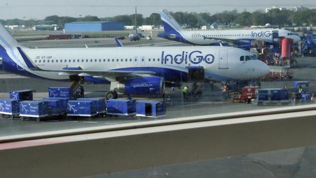 A passenger flying on an Indigo plane from Dubai to New Delhi was strapped to the seat after he started shouting, pushing and running along in the aisle.(HT Photo)