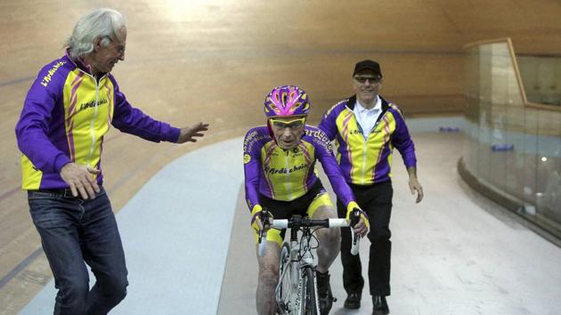 The Frenchman set a world record in the 105-plus age category -- created especially for the tireless veteran -- by riding 22.547 kilometers in one hour. (AP / PTI) The Frenchman set a world record in the 105-plus age category -- created especially for the tireless veteran -- by riding 22.547 kilometers in one hour. (AP / PTI)