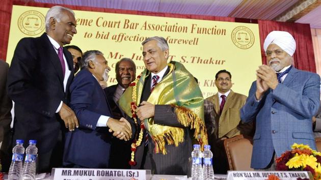 Outgoing Chief Justice of India Justice TS Thakur is greeted with a shawl as CJI-designate Justice JS Khehar looks on, during his farewell ceremony in New Delhi on Tuesday. (PTI) Outgoing Chief Justice of India Justice TS Thakur is greeted with a shawl as CJI-designate Justice JS Khehar looks on, during his farewell ceremony in New Delhi on Tuesday. (PTI)
