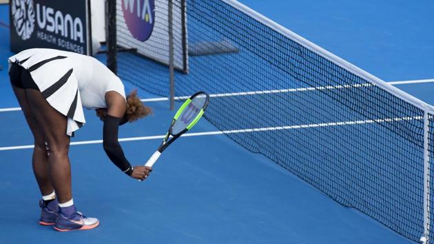 Top-seed Serena Williams of the US bangs her racket in frustration during her second round loss to compatriot Madison Brengle at the Auckland Classic tennis tournament on Wednesday. (AP) Top-seed Serena Williams of the US bangs her racket in frustration during her second round loss to compatriot Madison Brengle at the Auckland Classic tennis tournament on Wednesday. (AP)