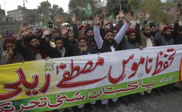 Activists from the Pakistani religious group Sunni Tehreek rally in support of blasphemy laws, in Rawalpindi, Pakistan. (AP Photo) Activists from the Pakistani religious group Sunni Tehreek rally in support of blasphemy laws, in Rawalpindi, Pakistan. (AP Photo)