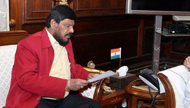 Minister of state for social justice & empowerment Ramdas Athawale at a meeting in New Delhi. (PTI) Minister of state for social justice & empowerment Ramdas Athawale at a meeting in New Delhi. (PTI)