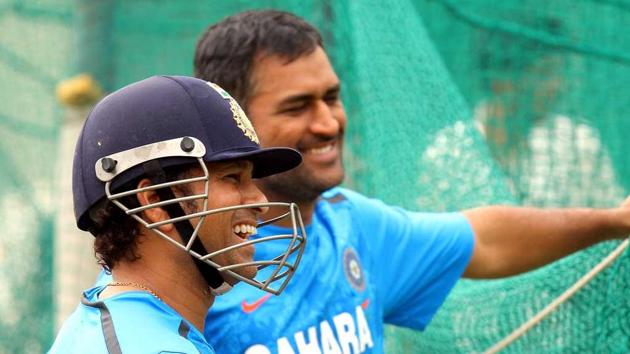 Sachin Tendulkar congratulated Mahendra Singh Dhoni on his brilliant reign as India’s limited overs captain after MS Dhoni decided to resign from his position on Wednesday.(HT Photo)