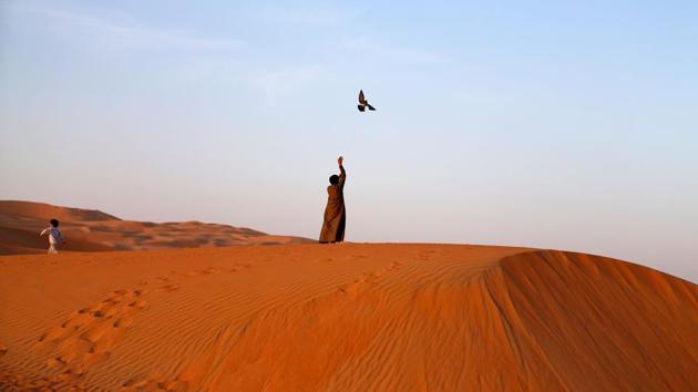 An Emirati man trains a falcon in the Liwa desert. (Karim Sahib/AFP) An Emirati man trains a falcon in the Liwa desert. (Karim Sahib/AFP)
