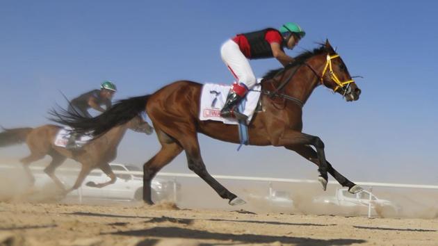 Jockeys compete during a horse race. (Karim Sahib/AFP) Jockeys compete during a horse race. (Karim Sahib/AFP)