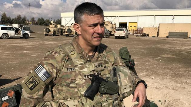 Commander of the US led coalition, Lieutenant General Steve Townsend speaks at a military base north of Mosul, Iraq, on Wednesday. (REUTERS) Commander of the US led coalition, Lieutenant General Steve Townsend speaks at a military base north of Mosul, Iraq, on Wednesday. (REUTERS)