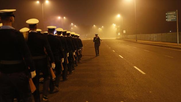Indian Coast Guard soldiers march during a practice ahead of the Republic Day parade in New Delhi, India, Thursday, Jan. 5, 2017. Indian celebrates Republic Day on Jan. 26, marking the day that its constitution came into effect in 1950. (Tsering Topgyal / AP)