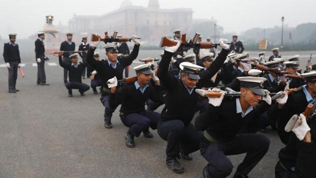 Indian Coast Guard soldiers jump during a practise ahead of the Republic Day parade in New Delhi, India, Thursday, Jan. 5, 2017. India celebrates Republic Day on Jan. 26, marking the day that its constitution came into effect in 1950. (Tsering Topgyal / AP)