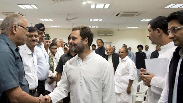 Congress vice-president Rahul Gandhi meets with ex-servicemen over the OROP issue at the party headquarters in New Delhi in November.(PTI File)