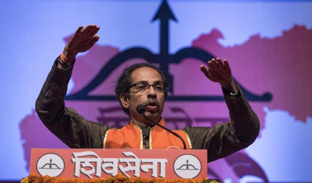 Shiv Sena chief Uddhav Thackeray at a party meeting at Rangsharda in Bandra, Mumbai, on Wednesday. (Satish Bate/HT)