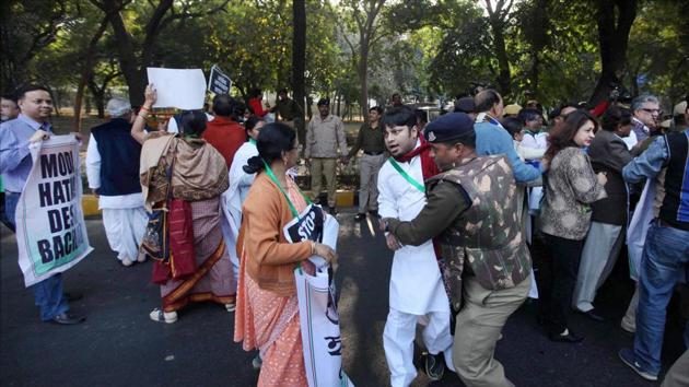 Trinamool Congress MPs being detained during a protest march towards the Prime Minister's residence in New Delhi on Wednesday, a day after party leader Sudip Bandyopadhyay's arrest in an alleged corruption case. (PTI Photo) Trinamool Congress MPs being detained during a protest march towards the Prime Minister's residence in New Delhi on Wednesday, a day after party leader Sudip Bandyopadhyay's arrest in an alleged corruption case. (PTI Photo)