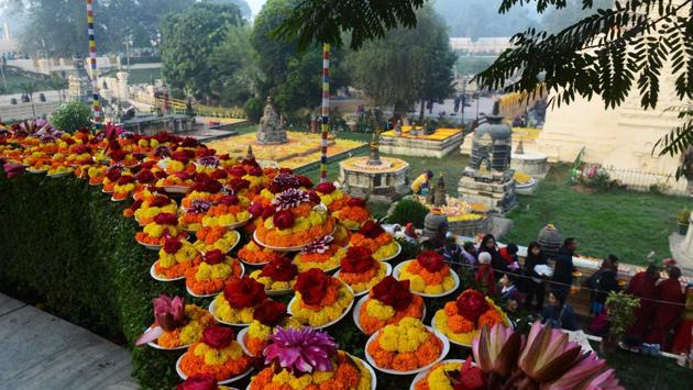 Floral arrangements during the Kalachakra event at Bodhgaya’s Mahabodhi temple where the Buddha is said to have attained enlightenment. (AFP PHOTO / Dibyangshu SARKAR) 