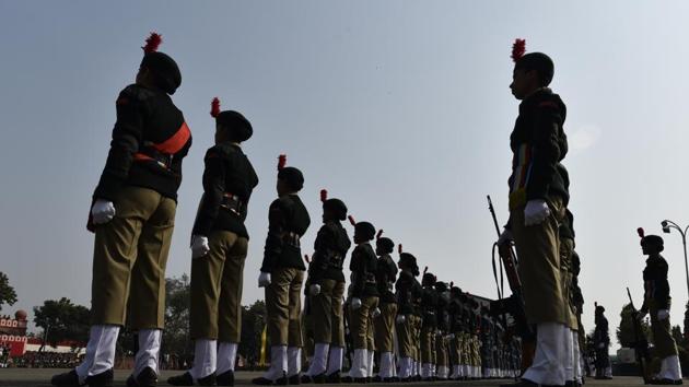 NCC cadets line up for the guard of honour ceremony during the NCC Republic Day camp inauguration. (Vipin Kumar/HT PHOTO) 