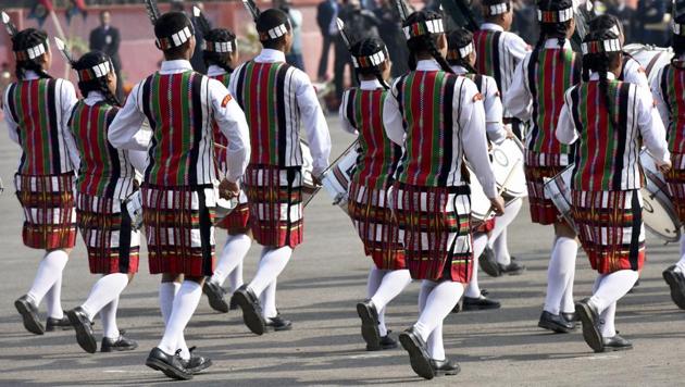 Band of Government Mizo High School, Aizawl, performs march past during the inauguration of NCC Republic Day camp 2017.  (Vipin Kumar/HT PHOTO) 