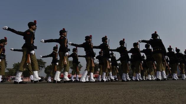 NCC cadets line up for the guard of honour ceremony during the inauguration of NCC camp. (Vipin Kumar/HT PHOTO) 