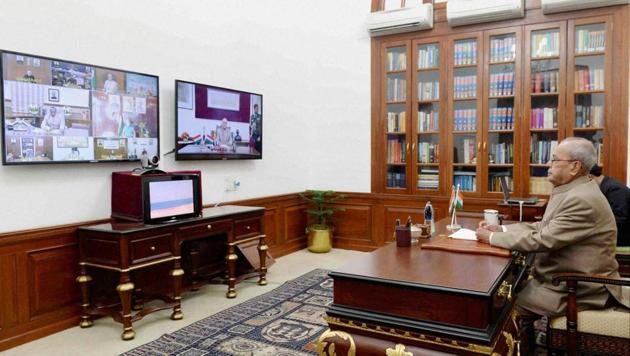 President Pranab Mukherjee delivering the New Year message to the Governors and Lt. Governors of all States/UTs through video conference using National Knowledge Network at Rashtrapati Bhavan in New Delhi on January 5, 2016. (PTI) President Pranab Mukherjee delivering the New Year message to the Governors and Lt. Governors of all States/UTs through video conference using National Knowledge Network at Rashtrapati Bhavan in New Delhi on January 5, 2016. (PTI)
