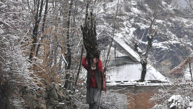 A kashmiri man carries wood for cooking as he walks on a mountain road, on the outskirts of Srinagar, India on 05 January 2017. (Waseem Andrabi / HT Photo)