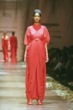 Crimson is colour of choice in silhouettes ranging from jackets to gowns and capes this season