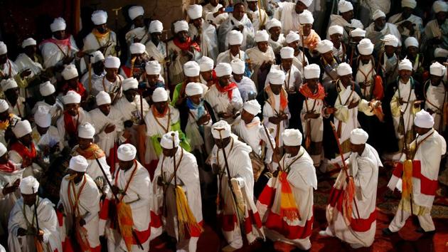 Ethiopian Orthodox choir members perform during the Ethiopian Christmas Eve celebration. (Tiksa Negeri/REUTERS)