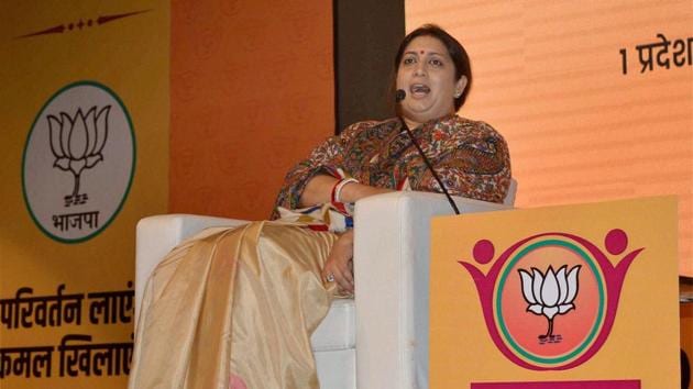 Union minister and BJP leader Smriti Irani addresses a party programme in Meerut on Friday.(PTI Photo) Union minister and BJP leader Smriti Irani addresses a party programme in Meerut on Friday.(PTI Photo)