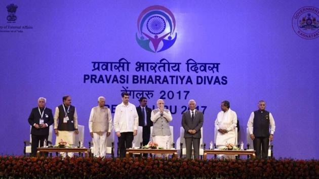 PM Narendra Modi and Portugal PM António Costa at Pravasi Bharatiya Divas in Bengaluru on Sunday. (External affairs ministry/Twitter)