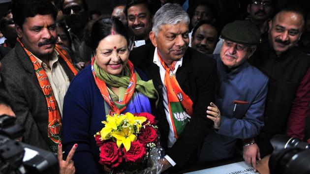 BJP leader Asha Jaswal along with other leaders of the party filing nomination paper to joint commissioner Manoj Khatri for mayor’s seat at the municipal corporation office in Sector 17, Chandigarh, on Saturday. (Ravi Kumar/HT Photo) BJP leader Asha Jaswal along with other leaders of the party filing nomination paper to joint commissioner Manoj Khatri for mayor’s seat at the municipal corporation office in Sector 17, Chandigarh, on Saturday. (Ravi Kumar/HT Photo)