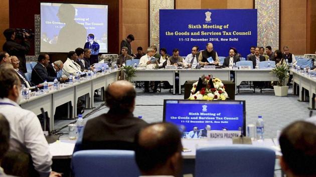 In this file photo, Union finance minister Arun Jaitley can be seen chairing the sixth Goods and Services Tax (GST) Council meeting in New Delhi . He once described Prime Minister Narendra Modi’s demonetisation exercise and the passage of the GST bill as two ‘big-bang reforms’ that would change the game.(PTI)