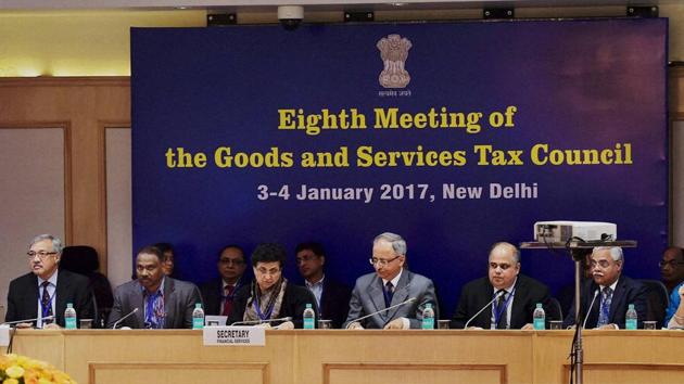 Financial services secretary, Anjali Chib Duggal and officials at the Eighth Meeting of the GST Council at Vigyan Bhawan in New Delhi on Tuesday.(PTI Photo)